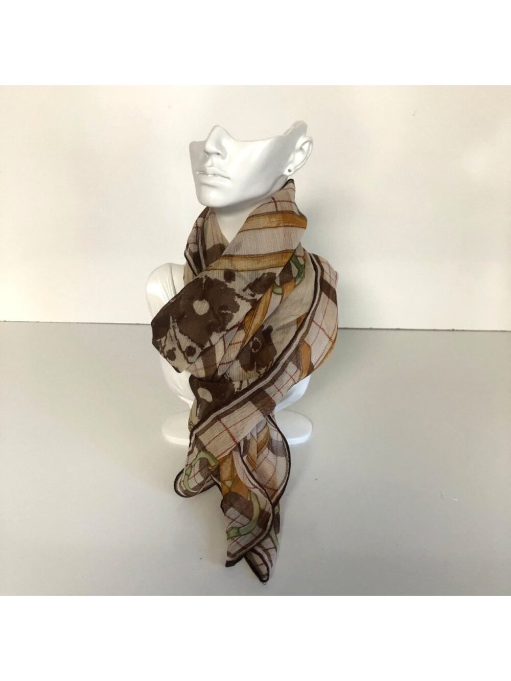 Vintage Plaid Floral Chain Belt Print Sheer Scarf Brown Green Square 32.5x32.5